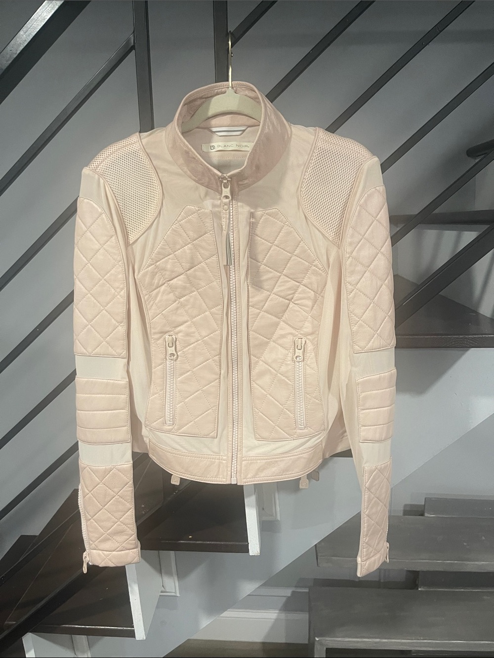 Blanc Noir Quilted Leather Moto Jacket Large Pink Mesh